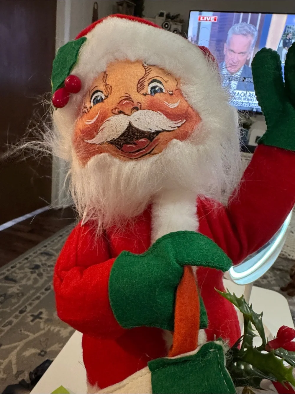Annalee Red Santa Doll with Blue-Striped Apron and Green Toy Train